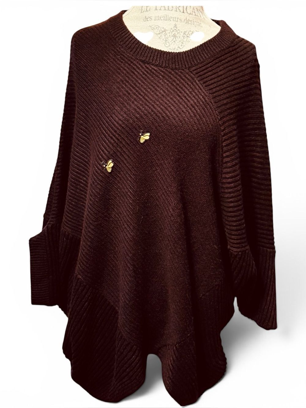 Ivanka Trump Ribbed Knit Poncho Sweater Wide Draped Sleeves Crew Neck Purple XL